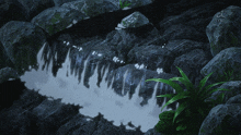 a stream of water surrounded by rocks with a plant in the foreground