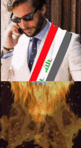 a man talking on a cell phone with a sash that says iraqi on it