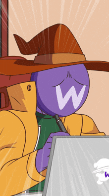 a cartoon character with a hat and a purple face with a w on it