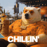 a polar bear wearing sunglasses and a shirt with rudy on it
