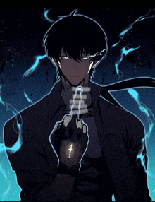 a man in a black jacket and black gloves holds up his index finger