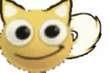 a close up of a cat 's face with big eyes and a tail .