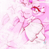 a drawing of a pink anime girl with purple eyes and a bat on her head .