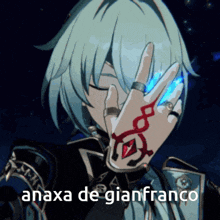 a person covering their face with their hand with the words anaxa de gian franco written on the bottom