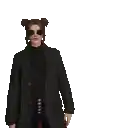 a pixel art of a woman wearing a black coat and sunglasses .
