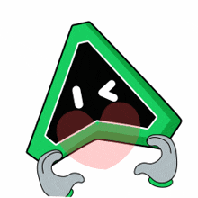 a cartoon drawing of a green triangle with a black face