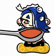 a cartoon character with a blue hat is holding a spoon in his mouth