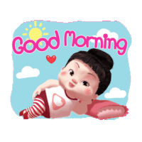 a cartoon girl laying on a pillow with the words good morning written on the bottom