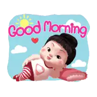 a cartoon girl laying on a pillow with the words good morning written on the bottom