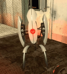 a white robot with a red circle in the middle is in front of a door that says " portal "