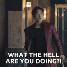 a man in a red suit is holding a briefcase and says what the hell are you doing