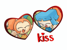 a picture of two cartoon girls with the word kiss below them