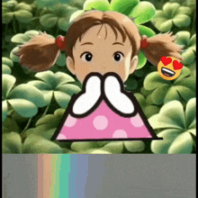 a girl in a pink dress is surrounded by green plants