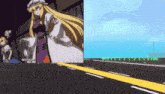 a cartoon of a girl standing next to a road that says well done on it
