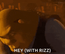 shrek from shrek says `` hey ( with rizz ) '' while looking at the camera .