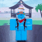 a blue roblox character is standing in front of a gazebo that says " level 10 trap guest "