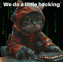 a cat in a red jacket with the words we do a little hacking on the bottom