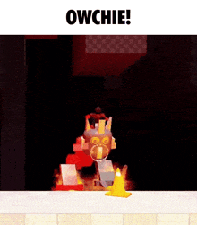 a video game scene with the words owchie on the bottom