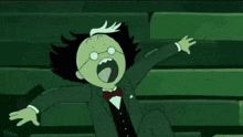 a cartoon character in a suit and bow tie is sitting on a staircase .