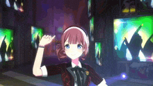 a girl with red hair and blue eyes is dancing in front of a crowd in a dark room .