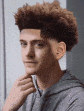 a young man with curly hair is wearing a grey sweatshirt