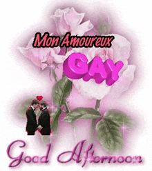 a picture of two men kissing with the words mon amoureux gay above them
