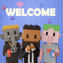 the word welcome is on a blue tile background