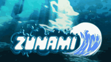 a blue background with a wave and the word tsunami