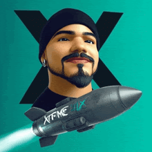 a man with a beard is holding a rocket that says xtf me mix on it