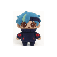 a stuffed toy of a boy with blue hair and red sleeves