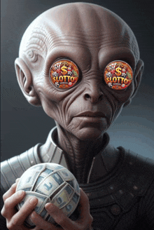 a drawing of an alien holding a ball of money with slots written on his eyes