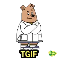 a cartoon bear wearing sunglasses and a lab coat with the word tgif below him