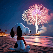 snoopy is sitting on the beach watching fireworks and wearing a red scarf