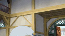 a cartoon character is standing in a room with wooden beams and arches
