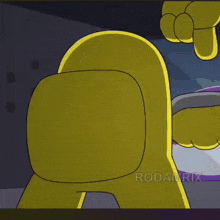 a yellow among us character is looking at a purple character