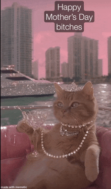 a cat wearing a tiara and pearls is holding a glass of wine and says happy mother 's day bitches