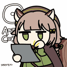 a drawing of a girl with a cat ear holding a piece of paper with the letters a and b visible
