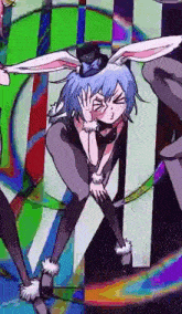 a girl with blue hair and bunny ears is making a funny face .