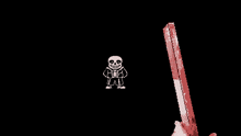 a pixel art drawing of a skeleton holding a red stick