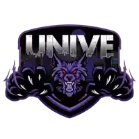 a purple and black logo with the word unive