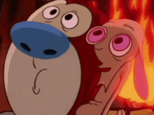 a cartoon character with a blue nose and pink eyes