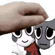 a person is petting a cartoon cat with a scarf around its neck .