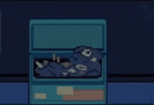 a pixel art drawing of a man standing in a box filled with trash .