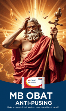 an advertisement for mb obat anti-pusing shows a statue of zeus holding a cane