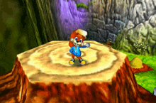 a cartoon squirrel is standing on a tree stump in a video game