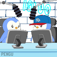 a cartoon of two penguins sitting in front of computer monitors under a sign that says pengu