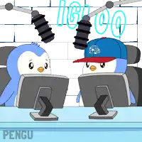 a cartoon of two penguins sitting in front of computer monitors under a sign that says pengu