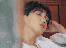 a close up of a person 's face with a blurred background that says ' 세레나리 ' on it