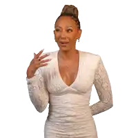 a woman in a white dress has the word what on her chest