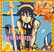 a picture of a boy with the words hello monday written on it